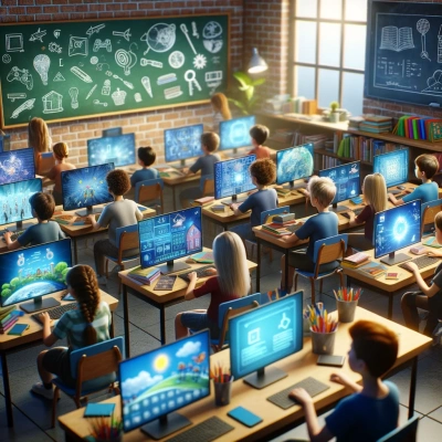 Une salle de classe avec des étudiants engagés dans l'apprentissage par le biais de jeux vidéo éducatifs