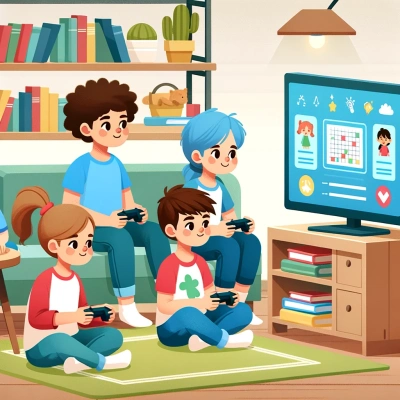 Des enfants sont représentés en train de jouer à un jeu vidéo éducatif à la maison.