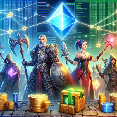 des personnages d'un jeu vidéo fantastique échangeant des objets en jeu, sur un fond de code numérique et de connexions réseau
