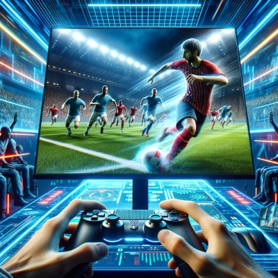 une scène dynamique d'un jeu virtuel de simulation sportive avec des joueurs engagés dans une compétition intense