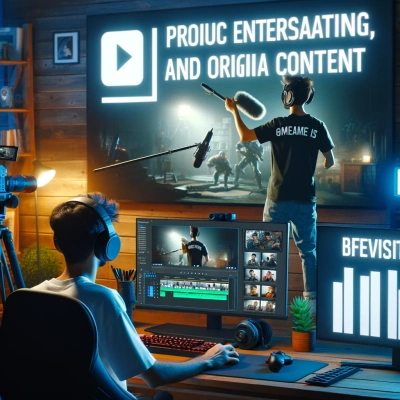 Un joueur est montré en train de créer un contenu de haute qualité dans un studio domestique équipé de matériel d'enregistrement et de montage vidéo.